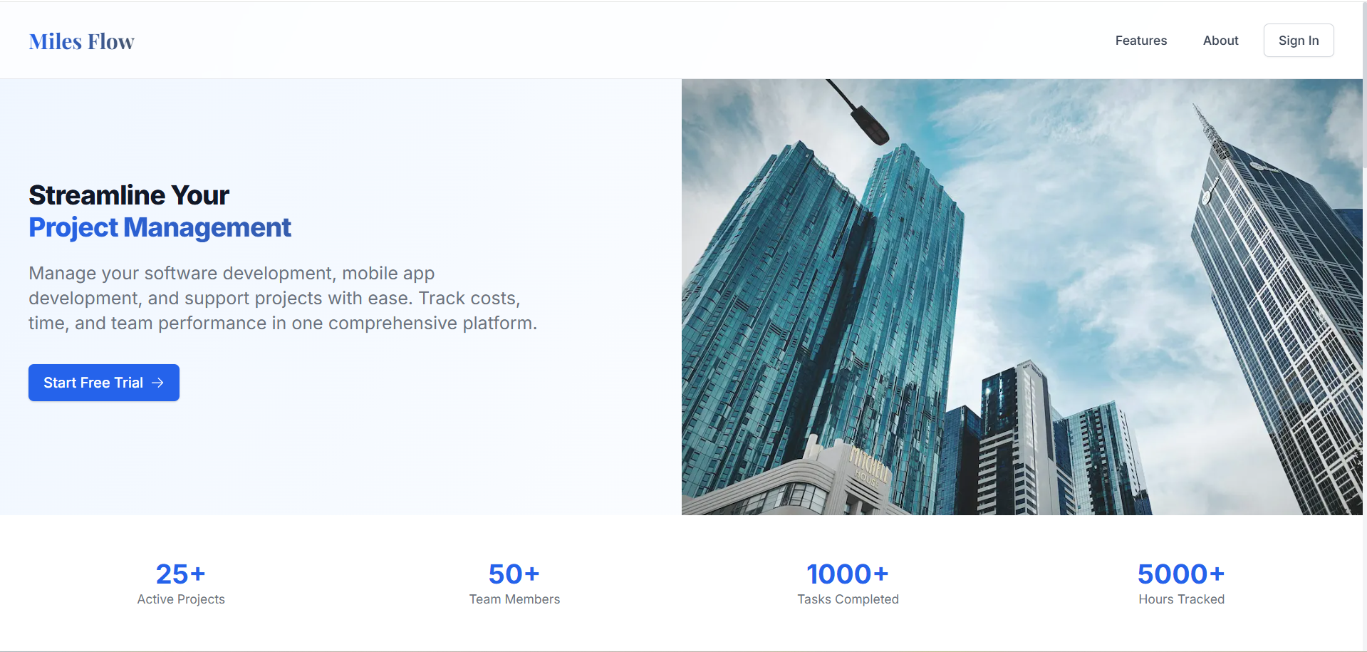 MilesFlow project management dashboard screenshot by Sathuram Software